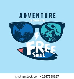 Adventure is calling you.Surfer dinosaur character design.Cool t rex, sunglasses and surfboard vector print.Fun t-shirt design for kids.Vector illustration design for fashion fabrics. 