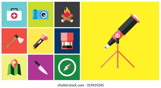 adventure camera knife map navigation compass telescope backpack flashlight ax flat icon