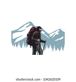 Adventure Camp Backpacker at mountain peak clipart illustration