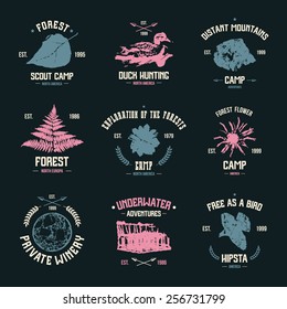 Adventure camp emblems. Graphic design for t-shirt. Color print on a black background