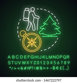 Adventure camp neon light concept icon.  Summer hiking and camping club, holiday resort idea. Travelling in woods, forest. Glowing sign with alphabet, numbers and symbols. Vector isolated illustration
