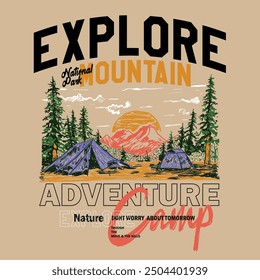 Adventure camp for outdoor mountain , explore the mountain forest, nature view for mountain art, autumn winter t-shirt, sweatshirt design