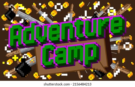 Adventure Camp. Pixelated word with geometric graphic background. Vector cartoon illustration.
