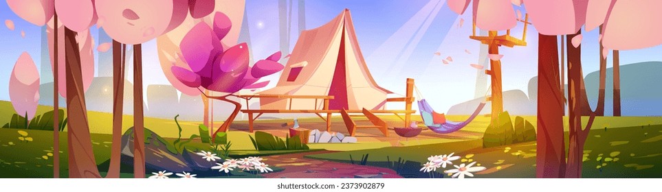 Adventure with camp tent in spring forest vector design. Outdoor vacation near pink tree blossom and chamomile flower on meadow. Sunlight ray on grass lawn to explore camping panorama concept