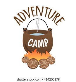 Adventure Camp. Tourist camp logo. Tourist pot hanging over the fire