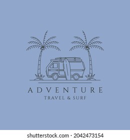 adventure camper van and surf line art illustration logo design