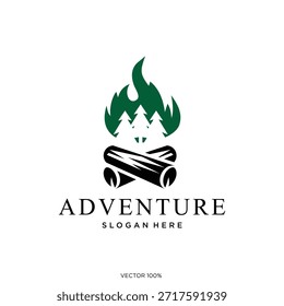Abenteuer-Lagerfeuer-Logo mit Pinien