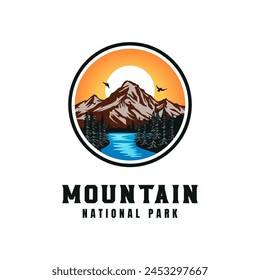 Adventure camping emblem logo with mountain illustration in retro hipster style. vintage adventure badge