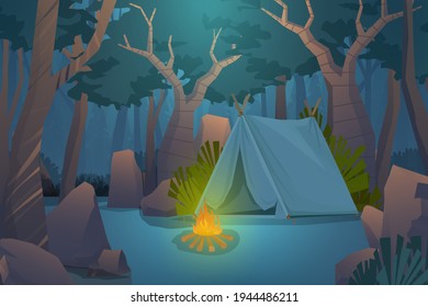 Adventure Camping Evening Scene. Tent  With Campfire, Rock And Wood Forest Background, Landscape Cartoon  Vector Illustration