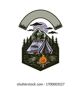 Adventure camping, hand drawn line with digital color, vector illustration
