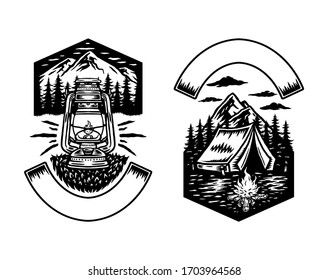 Adventure camping, hand drawn line art vector illustration