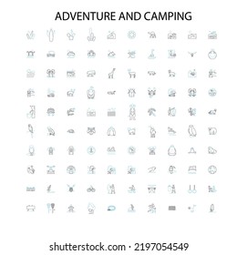 adventure and camping icons, signs, outline symbols, concept linear illustration line collection