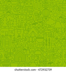 Adventure Camping Line Tile Pattern. Vector Illustration of Outline Tile Background. Summer Camp.