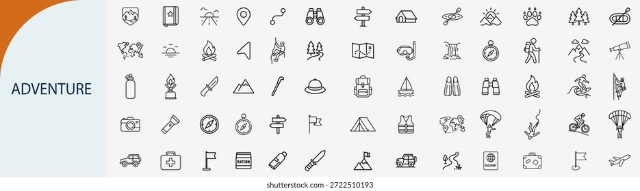 “Conjunto de iconos lineales de aventuras al aire libre y camping, símbolos de Vectores de viaje de montaña”