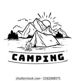 Adventure and Camping Lover with tent, mountain, campfire, forest, typography vector art. Wilderness lifestyle T-shirt Design. Outdoor vibes campfire illustration for next holiday journey