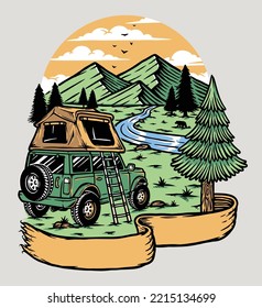 adventure and camping in the mountains illustration