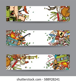 Adventure Camping Objects. Travel and Recreation Time Concept. Vector Cards and Banners with Doodles.