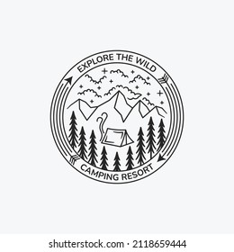 Adventure camping outline logo line art monoline badge design vector illustration