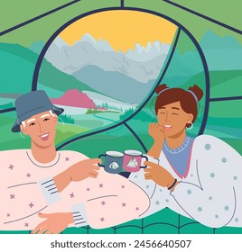 Escena de acampada de aventura. Linda pareja tomando café en la tienda. Taza de camping de amigos. Paisaje de montaña. Viajes de verano y descanso activo. Ilustración vectorial gráfica plana.