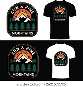 Adventure camping and sun pine mountain t-shirt design, retro wilderness vector t shirt design