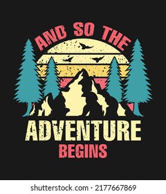 Adventure camping t shirt design with mountain and forest trees vector illustration vintage sunset background. Perfect for for apparel, logo, label, sign, poster, badge, emblem.