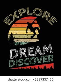 Diseño de camisetas vintage de camping de aventura, camiseta retro, escalada de colina, camiseta natural, vector de silueta, diseño gráfico