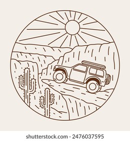 Adventure car camp in desert cliff mono line art work