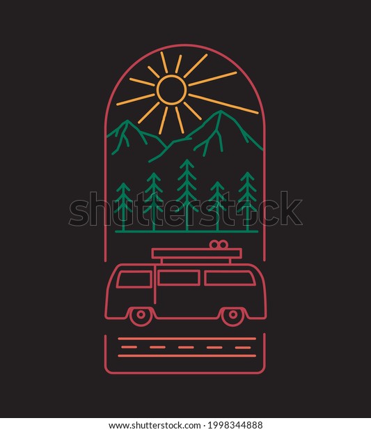 adventure car , camping and\
landscape in mono line art, patch badge design, emblem design,\
T-Shirt Design