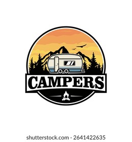 Adventure car, camping car, or recreational vehicle (RV) logo template, Isolated.