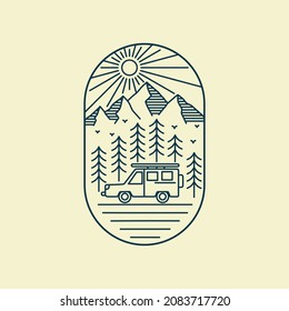 adventure car in the forest in mono line art ,badge patch pin graphic illustration, vector art t-shirt design