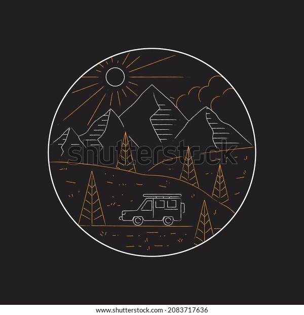 adventure car in\
the forest in mono line art ,badge patch pin graphic illustration,\
vector art t-shirt\
design