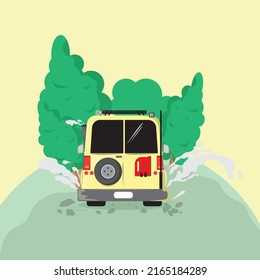 adventure car on in the mountain vector illustration. rear view adventure car.