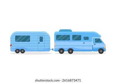 Adventure car in side view with classic motor rv and trailer design for family journey and holiday set shows tinted windows mobile home and vector template in a stylish graphic illustration