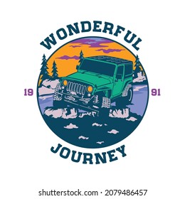 Adventure car vector illustration design in retro style, perfect for tshirt design and 60's Travel Poster, wall decor
