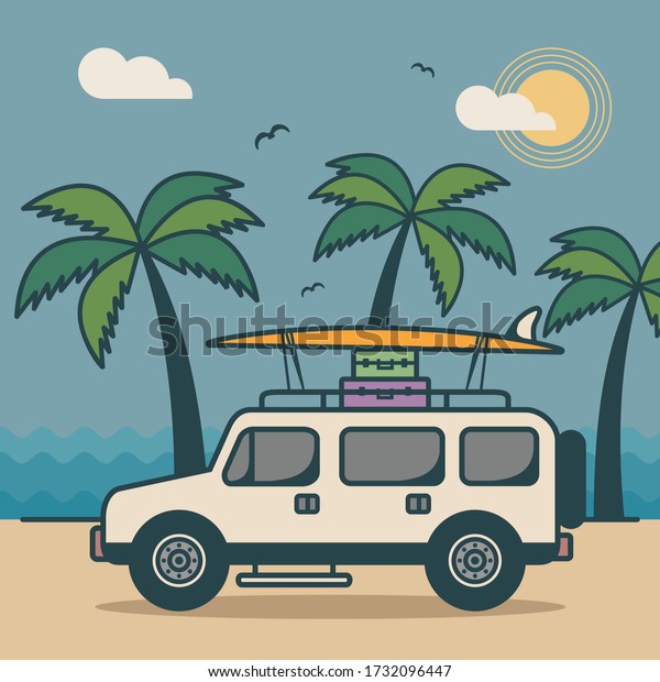 Adventure car vector illustration with luggage\
and surfboard on the roof. Car illustration with surf on the beach.\
Car with beach, coconut tree,sand, sun, cloud landscape. Adventure\
and Travel concept