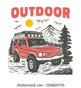 Adventure car in the wild illustration