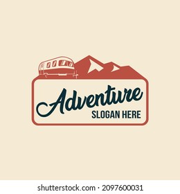 Adventure caravan in mountain background emblem badge logo design