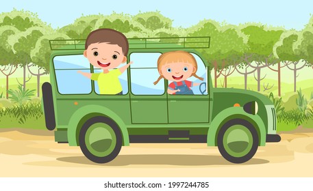 Adventure of children on vacation. Rural countryside landscape with meadow. Childrens cartoon illustration. Automotive Off road tourism. Travel kids. Fun and happy. Vector