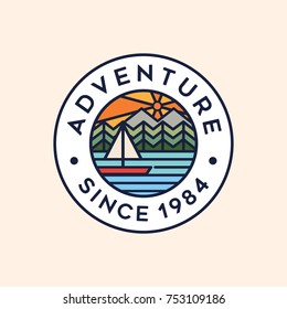 Adventure Circle Badge Logo 
Mountain Lake Sun And Forest Illustration