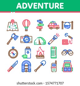 Adventure Collection Elements Icons Set Vector Thin Line. Binocular And Camera, Map And Boat, Ax And Knife, Camping Fire And Car Adventure Concept Linear Pictograms. Color Contour Illustrations