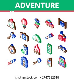 Elementos De Recogida De Aventuras Iconos Set Vector Binocular Y Cámara, Mapa Y Barco, Ax Y Cuchillo, Cámping Fire Y Auto Adventure Isometric Illustrations