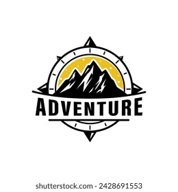 Aventura, brújula, ilustración vectorial de plantilla de diseño de logotipo de montaña