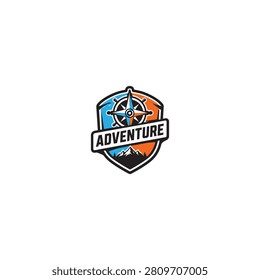 Adventure compass mountain shield emblem logo with adventure mountain exploration navigation wilderness climbing direction adventuretime