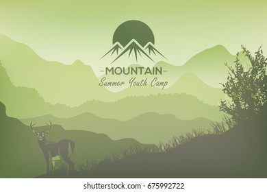 Adventure Concept, Mountain, Forest Landscape Vector Illustration, Web Banner. Climbing or Trekking, Abstract Nature Illustration