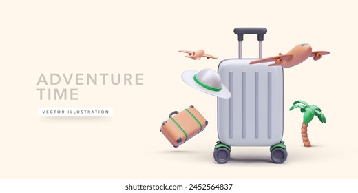 Adventure concept poster in 3d realistic style with suitcase, palm tree, hat, airplane. Vector illustration