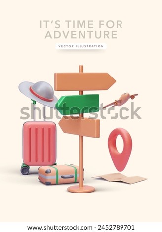 Adventure concept poster in 3d realistic style with suitcase, hat, airplane, map, pointer. Vector illustration