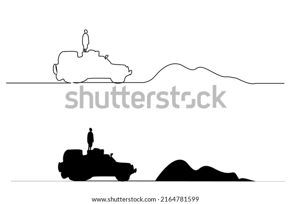 Adventure concept
of a young male adventurer person looking around on pickup SUV.
young boy on a vehicle in war
zone
