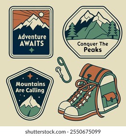 adventure conquer awaits the praks muntains are calling icon design set