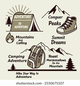 adventure conquer awaits the praks muntains are calling icon design set