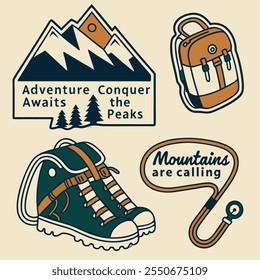 adventure conquer awaits the praks muntains are calling icon design set